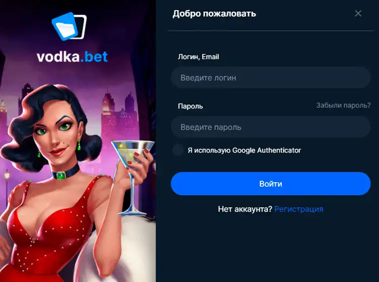 Панель авторизации на сайте Vodka Casino для старта игры и активации бонусов.